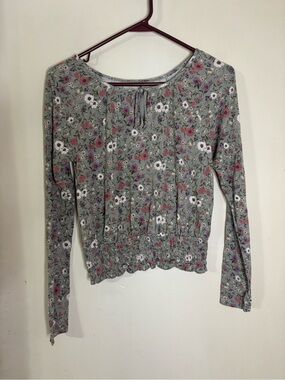 aerie Floral Smocked-Hem Long Sleeve Top - Gray Green with Pink & White Flowers